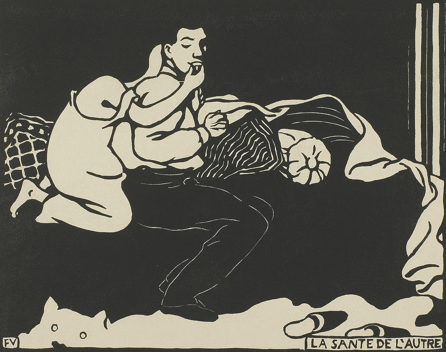 A woman on a bed, draped around a man, giving him a shot of presumably liquor
