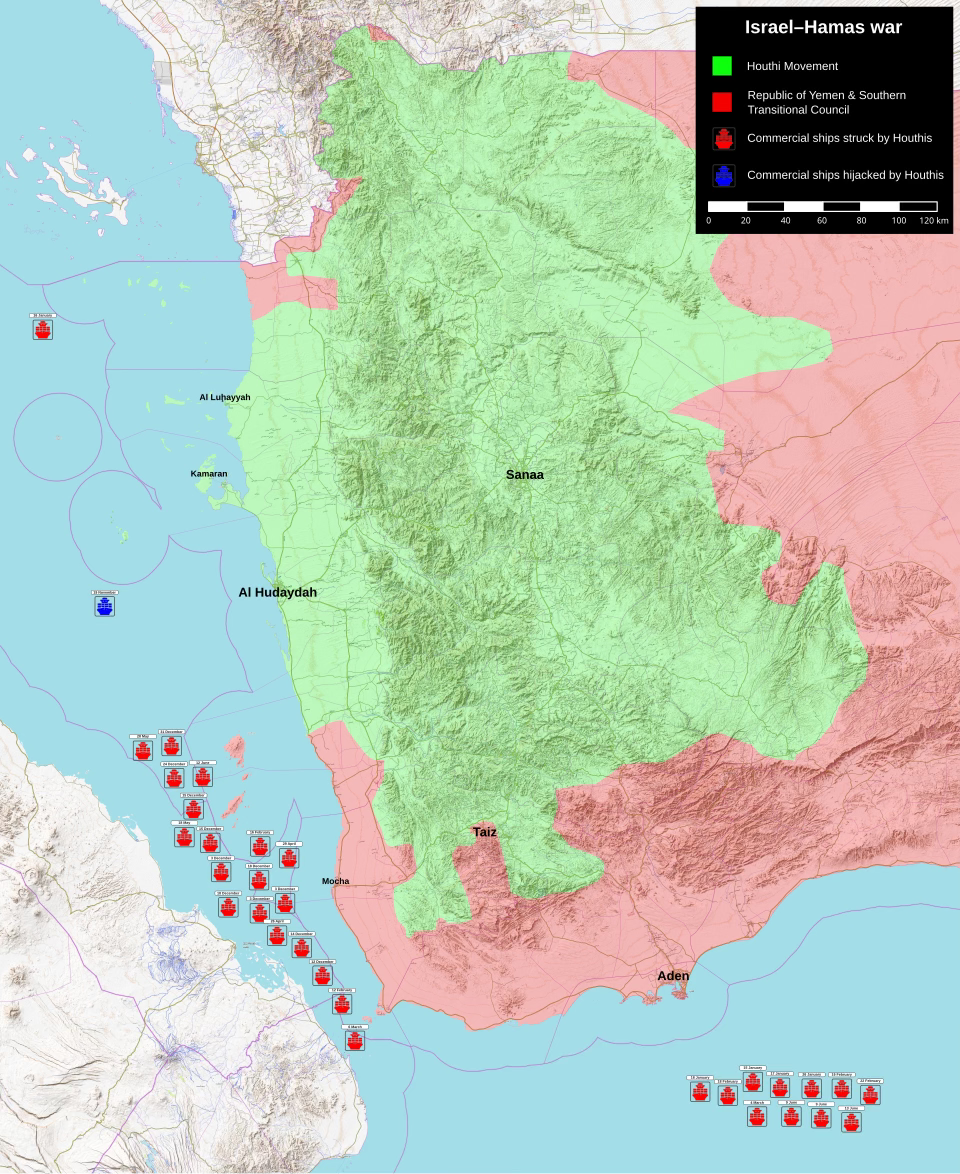 A map of the Houthi engagements with commercial ships from various countries during the Gaza War.
