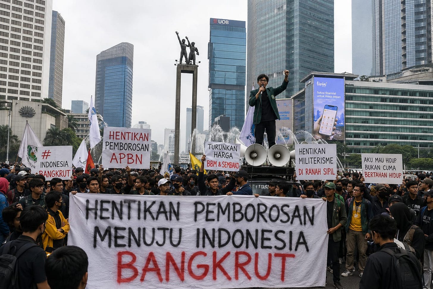 Students protest in Jakarta against President Prabowo’s policies under the slogan “Stop the waste – Indonesia is heading for bankruptcy”