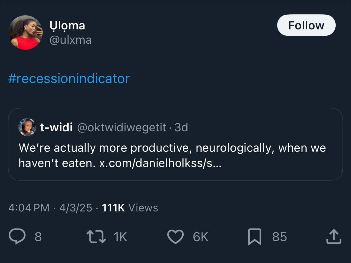 recession indicator tweet with the text We're actually better neurologically when we haven't eaten