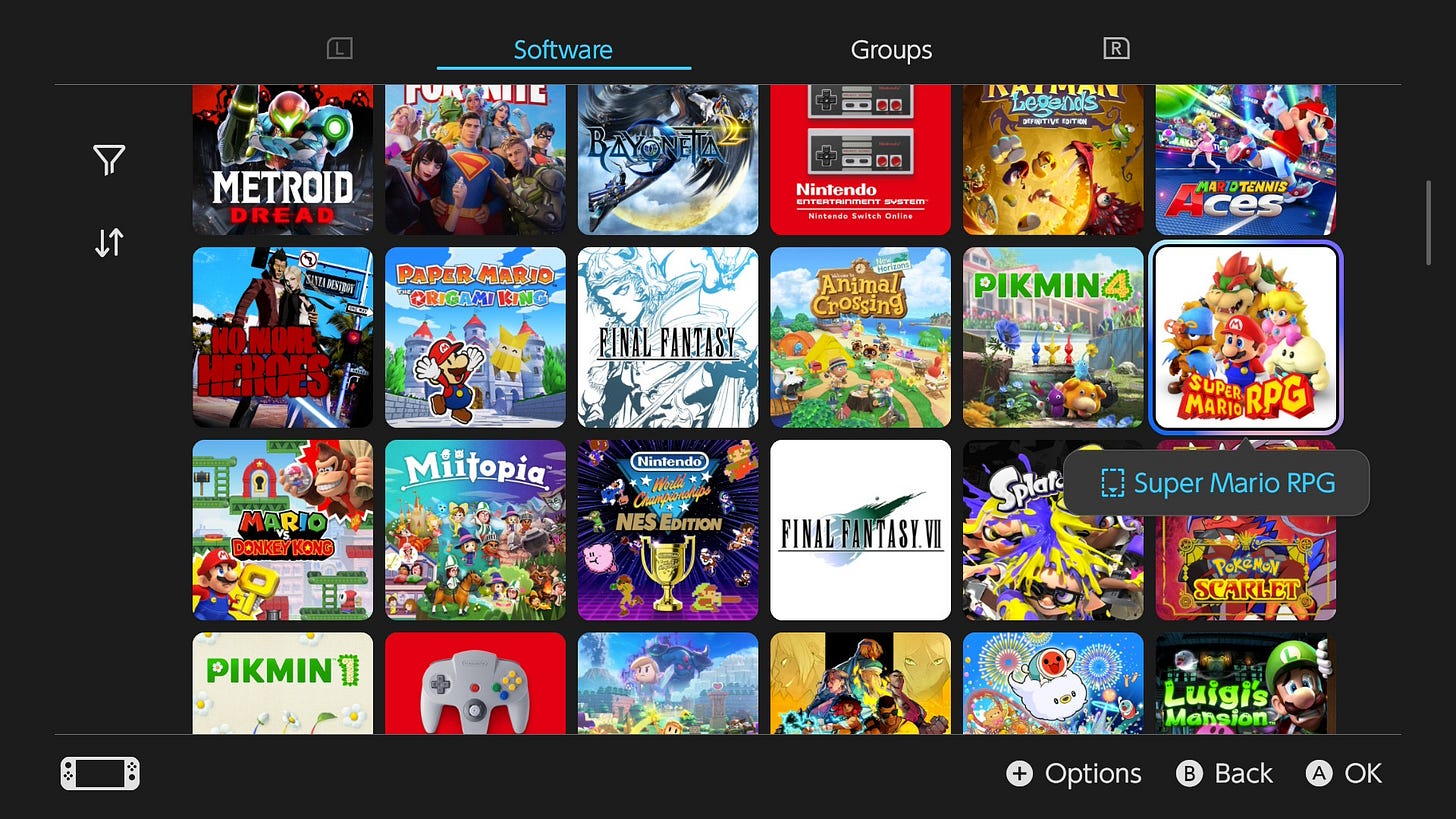 A screenshot of the Switch 2's local software. There are rows of game icons.