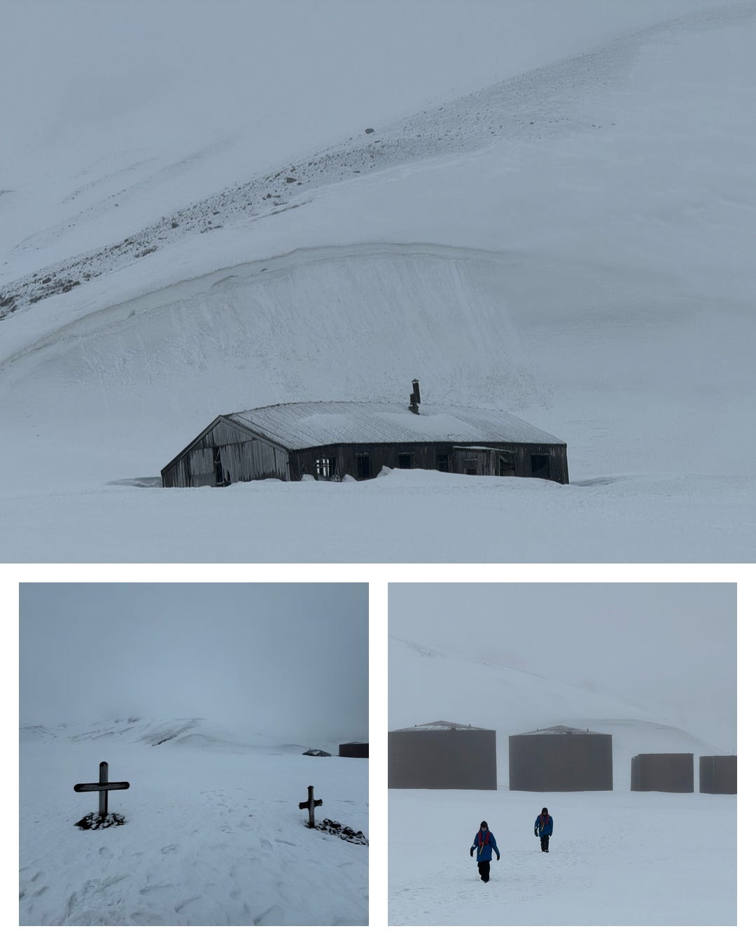 Tres fotos de Isla Desolación. La superior es una edificación en ruinas que perteneció a una base británica. La segunda son unas cruces de fallecidos en la ballenera que operó en esa isla y la tercera son unos tanques donde se procesaba a las ballenas. Fotos propias.