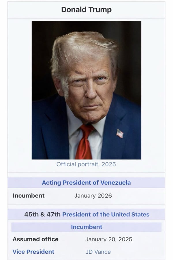 Wikipedia-style entry that appeared on Truth Social showing Trump as Acting president of Venezuela.