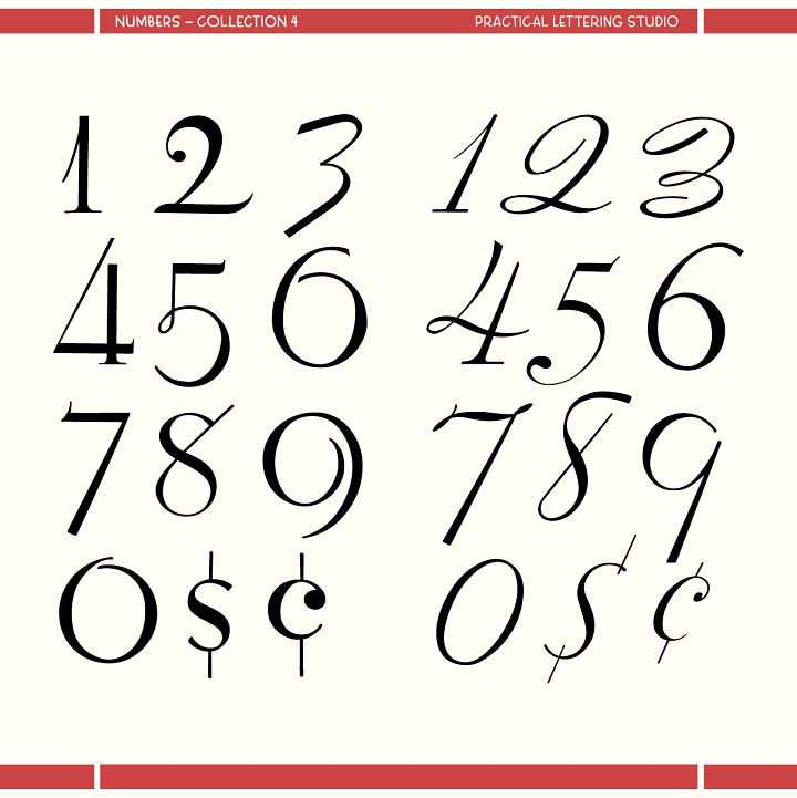 Practical Lettering Studio Numbers Collection, sheets 1 through 4. Four specimen sheets displaying hand-lettered numeral styles ranging from bold display serifs and condensed sans serifs to brush scripts and delicate fine-line styles. Each sheet shows numerals 0 through 9 with dollar and cent symbols across multiple style variations.