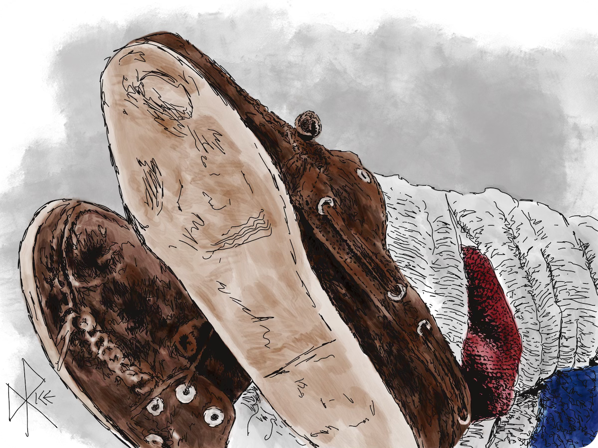 Close-up of feet propped up in repose, crossed at the ankles, clad in wool socks and loafers with the soles worn smooth. Sketch art by Don Rice.