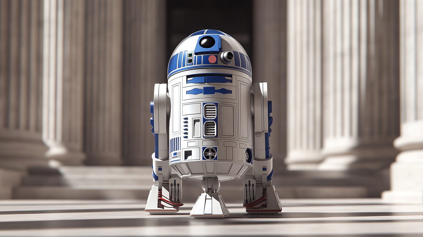 robot coming out of courthouse (New York Times v OpenAI suits)