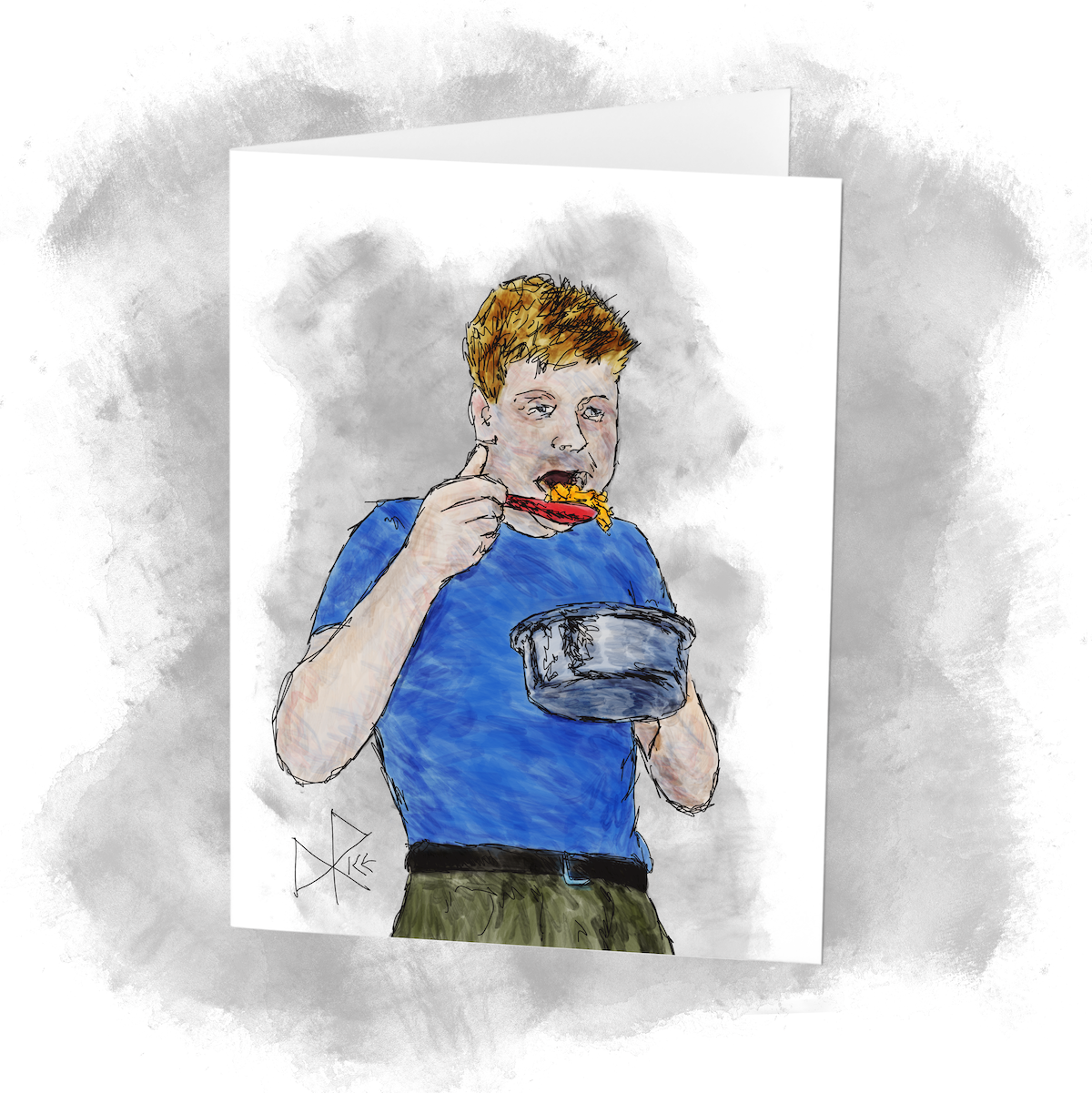 A man eating macaroni and cheese straight out of the pot. His mouth cavernous, he is about to devour the noodles using a large red plastic kitchen spoon. Sketch art by Don Rice. A man eating macaroni and cheese straight out of the pot. His mouth cavernous, he is about to devour the noodles using a large red plastic kitchen spoon. Sketch art by Don Rice.