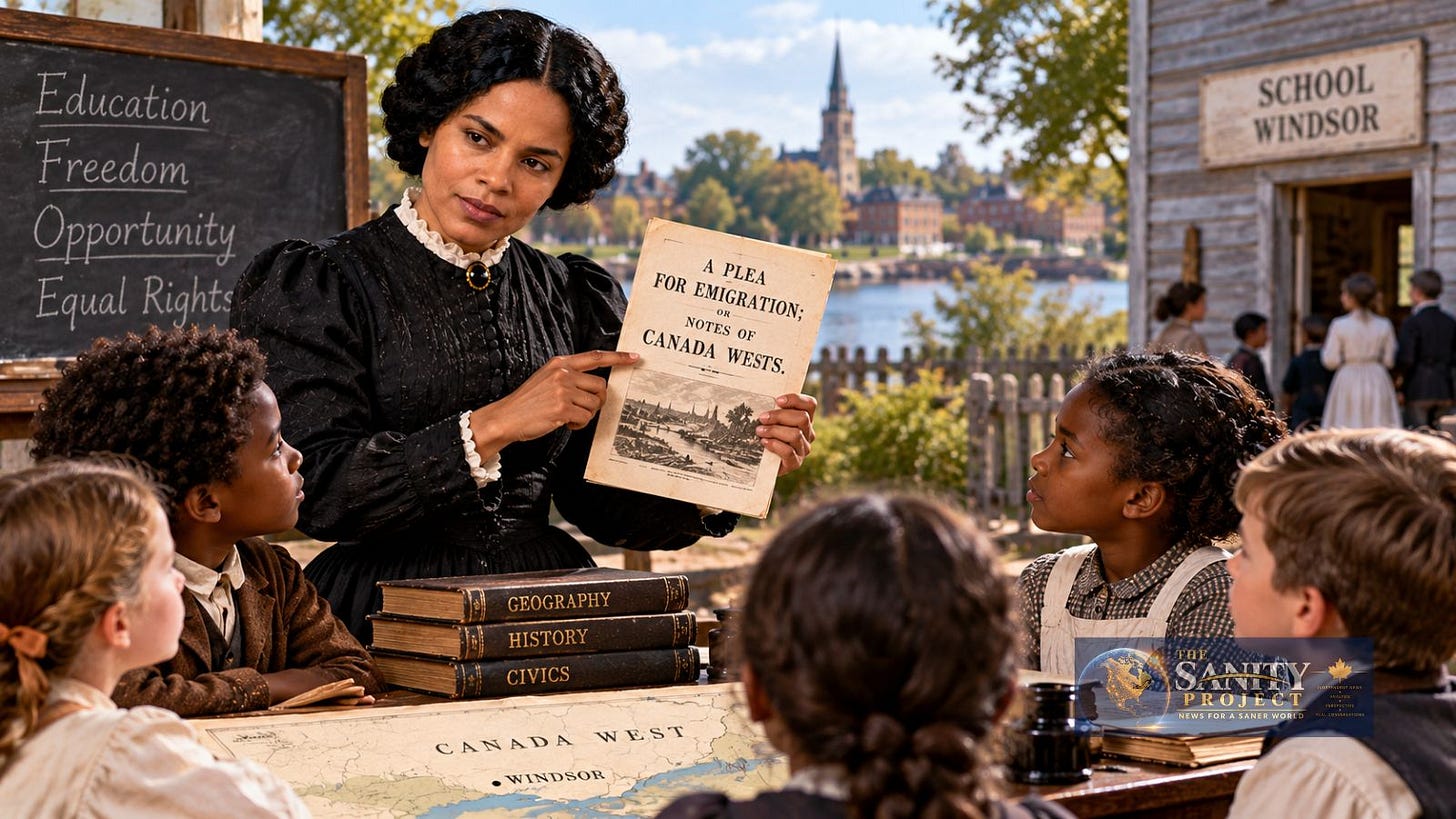 Mary Ann Shadd Cary teaching Black and white children in Windsor, Canada West, while holding her 1852 pamphlet A Plea for Emigration promoting freedom, education and opportunity in Canada. Mary Ann Shadd Cary teaching Black and white children in Windsor, Canada West, while holding her 1852 pamphlet A Plea for Emigration promoting freedom, education and opportunity in Canada.