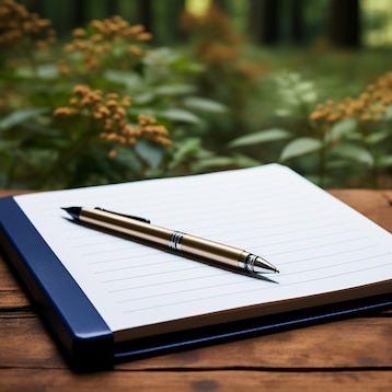 Wooden desk with blank notebook pen and nature background generated by  artificial intelligence | Premium AI-generated image