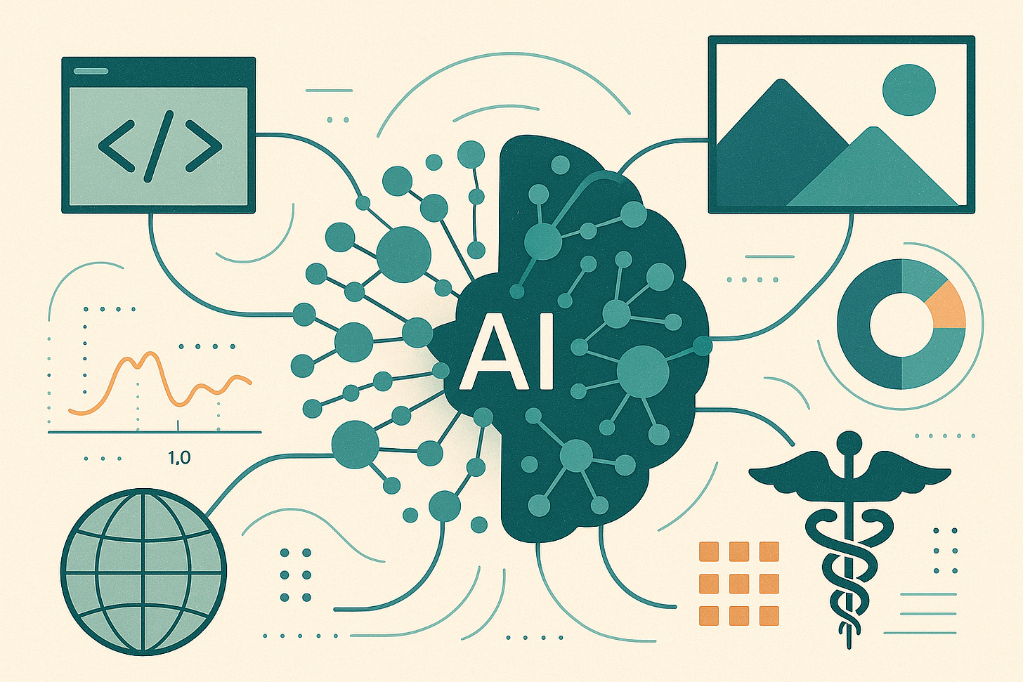 Decorative image showing AI being able to do many different things.