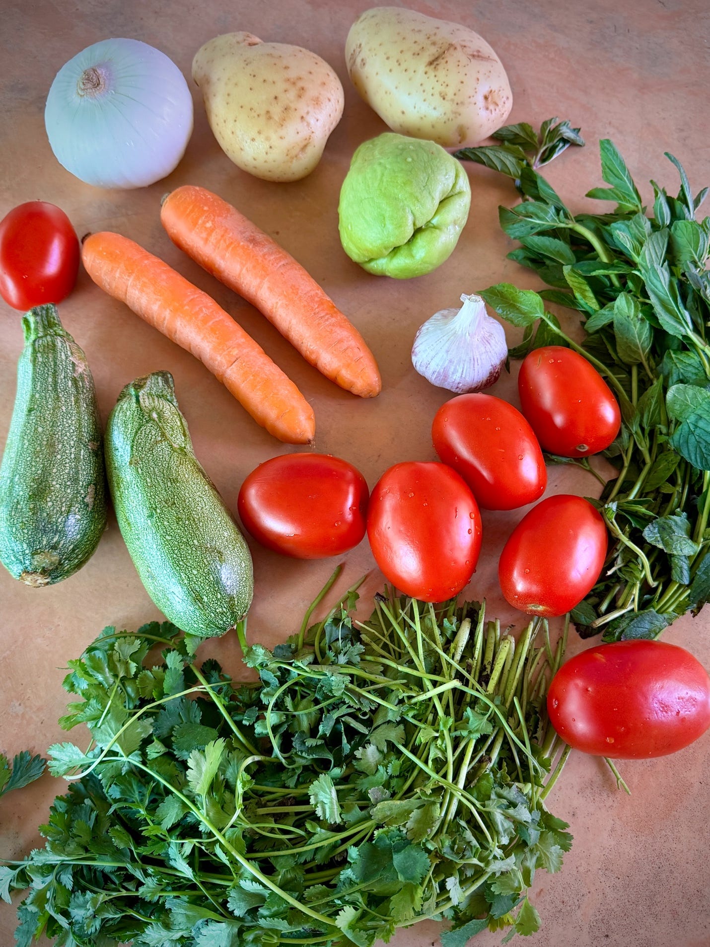Fresh market vegetables for making caldo de albóndigas.