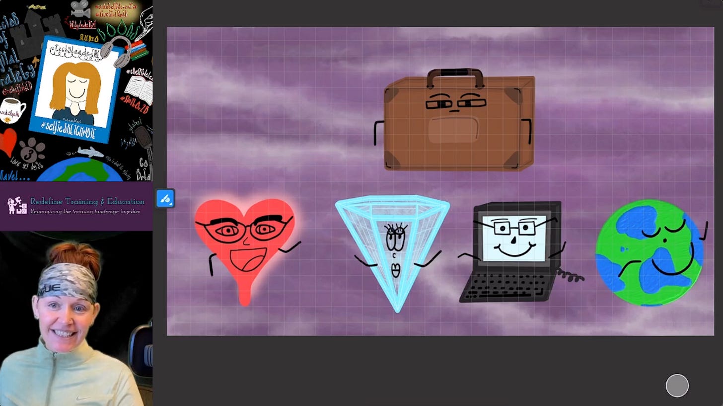 A screenshot from a 'Creatively Wondering' livestream. Georgina Dean is visible in the bottom left, while the main screen displays the final illustration of five co-created AI character concepts: a heart, a diamond, a laptop, a planet, and a briefcase.