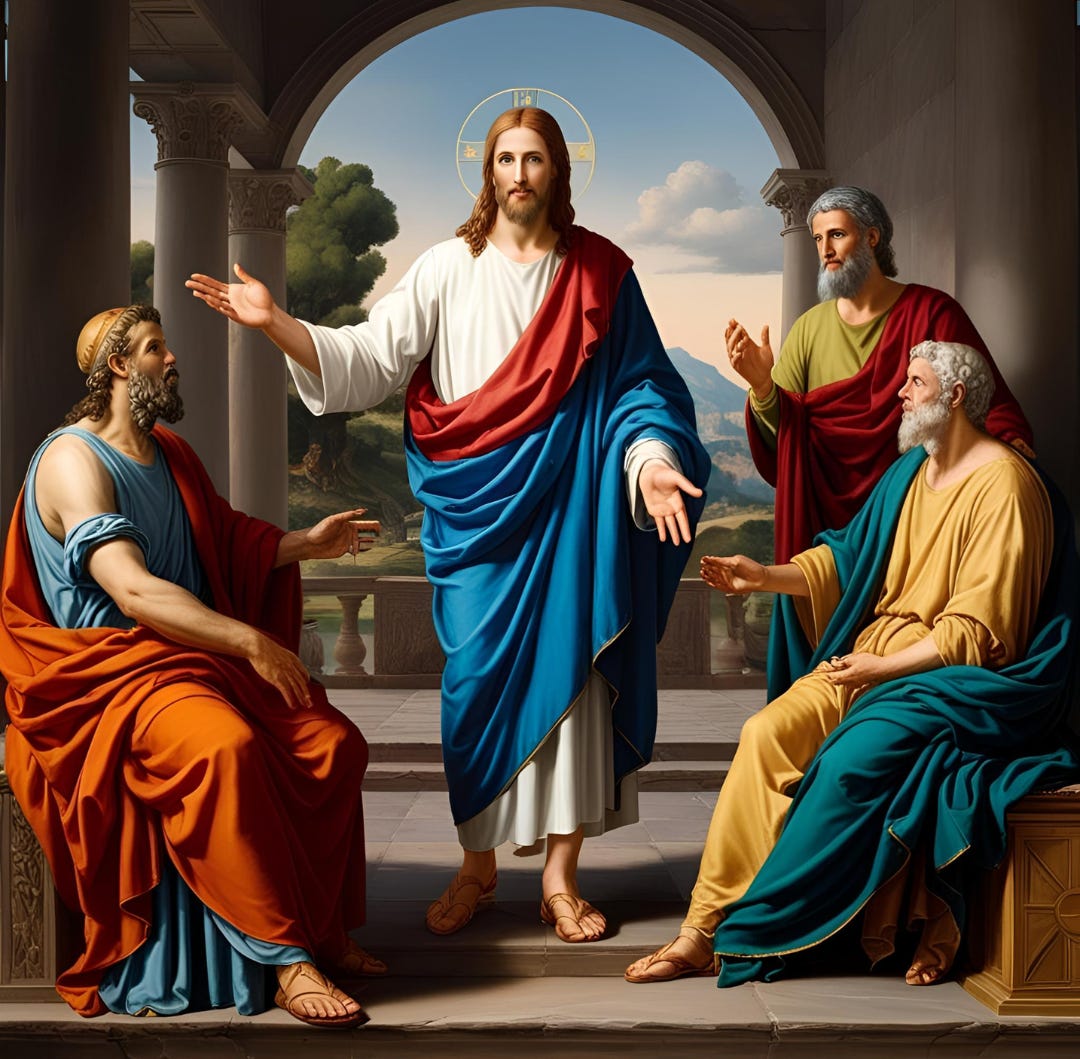 A picture of Jesus in the center with Aristotle to the viewer's left and Plato and Epicurus to the viewer's right