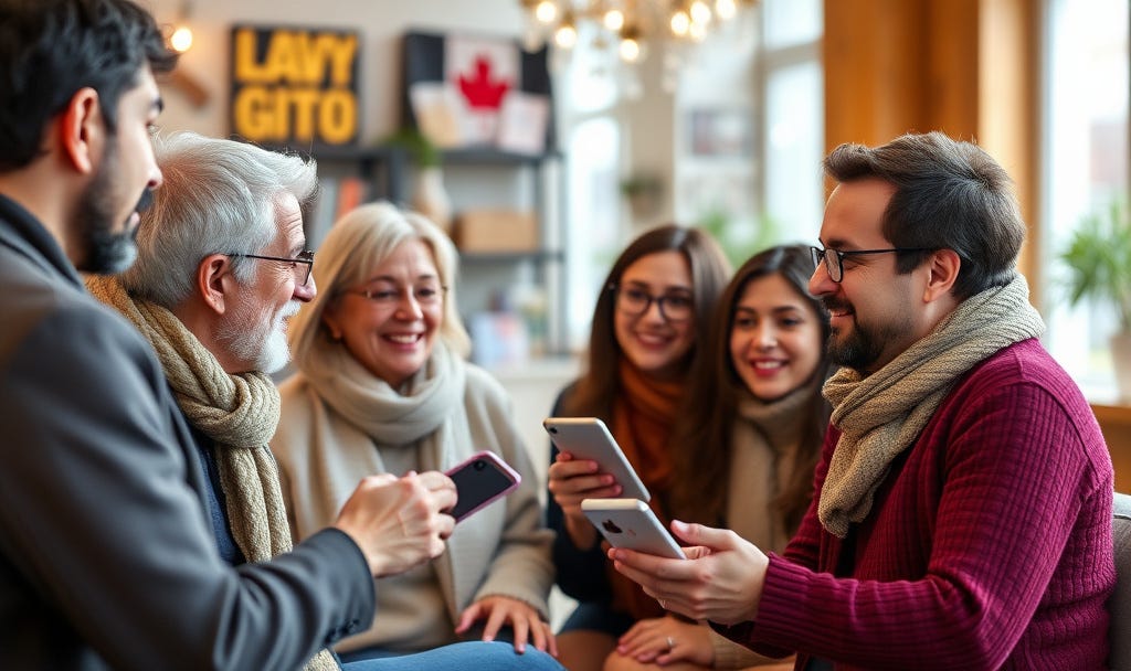 Group of Canadians of different ages and backgrounds sitting together in a café, smiling and looking at their smartphones while talking, representing everyday social media engagement and shared conversation.