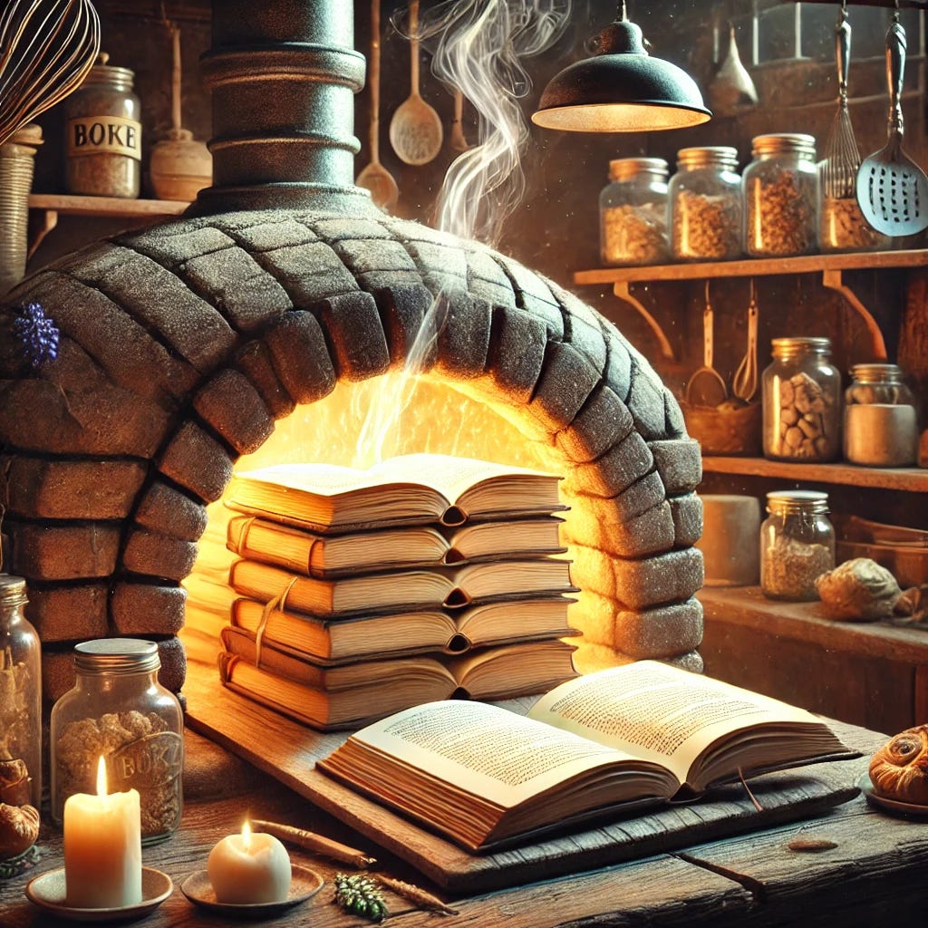 A whimsical and surreal illustration of books emerging from an old-fashioned brick oven, with pages glowing warmly as if freshly baked. The scene is cozy and inviting, with the oven surrounded by rustic kitchen elements like wooden shelves, jars, and baking tools. Steam rises gently from the books, suggesting they are warm to the touch. The setting is softly lit, emphasizing the magical and surreal atmosphere.