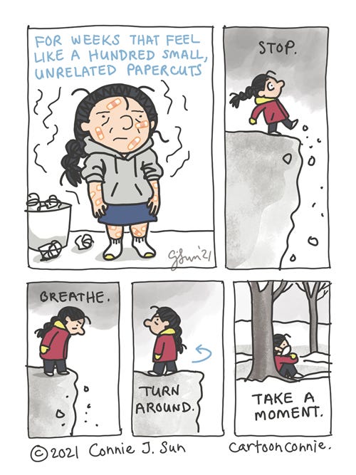 Sketchbook illustration about how emotional ups and downs can feel like a hundred paper cuts, comic strip by Connie Sun, cartoonconnie