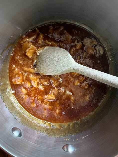 first photo shows mostly dry sugar with some lumps, second photo is an amber liquid with large crystallised lumps, third photo is a smooth amber caramel.