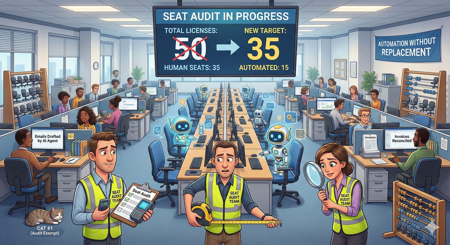 An illustration of an office environment where humans and robots work together. A display shows a decrease in human seat licenses due to automation.
