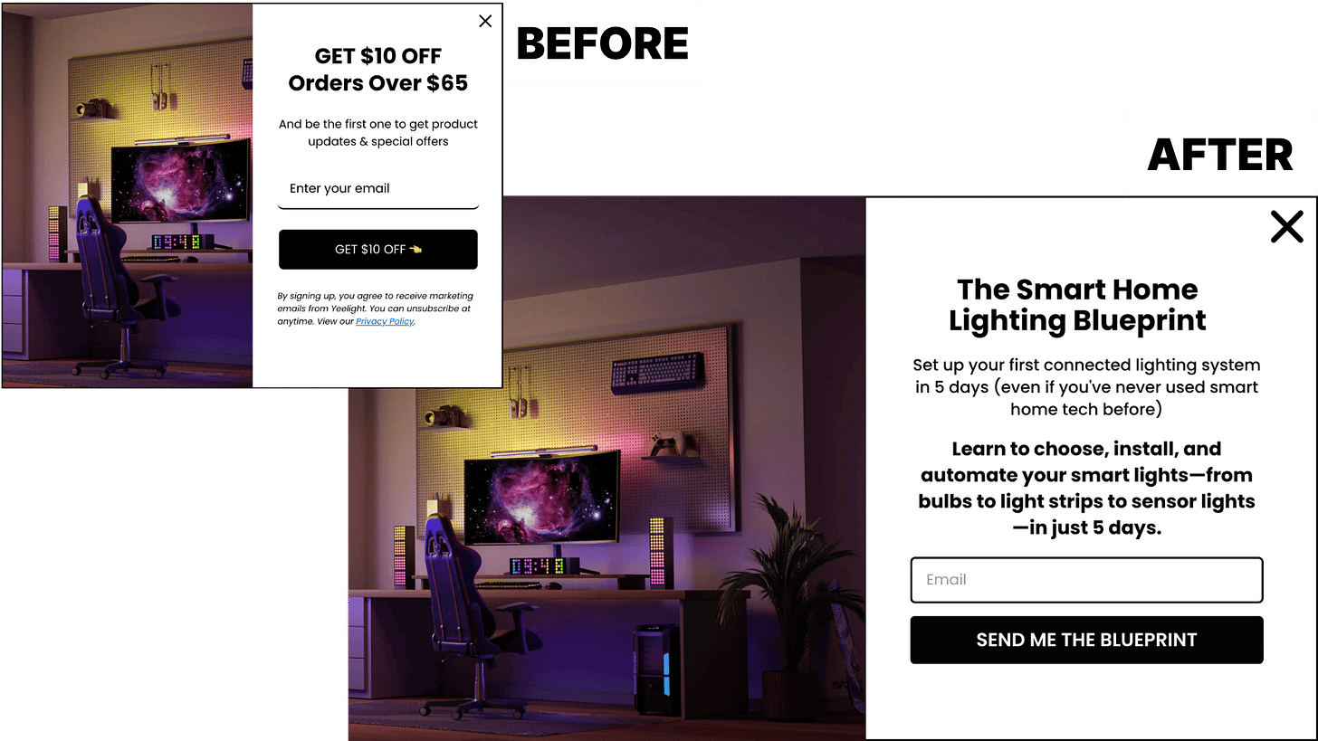 Before and after comparison: discount popup vs educational blueprint popup for smart home lighting setup