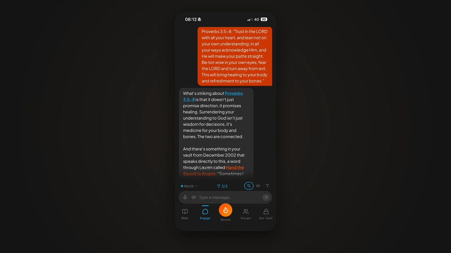 A Doxa Engage session on a phone showing Proverbs 3:5-8 and a Scripture-anchored response