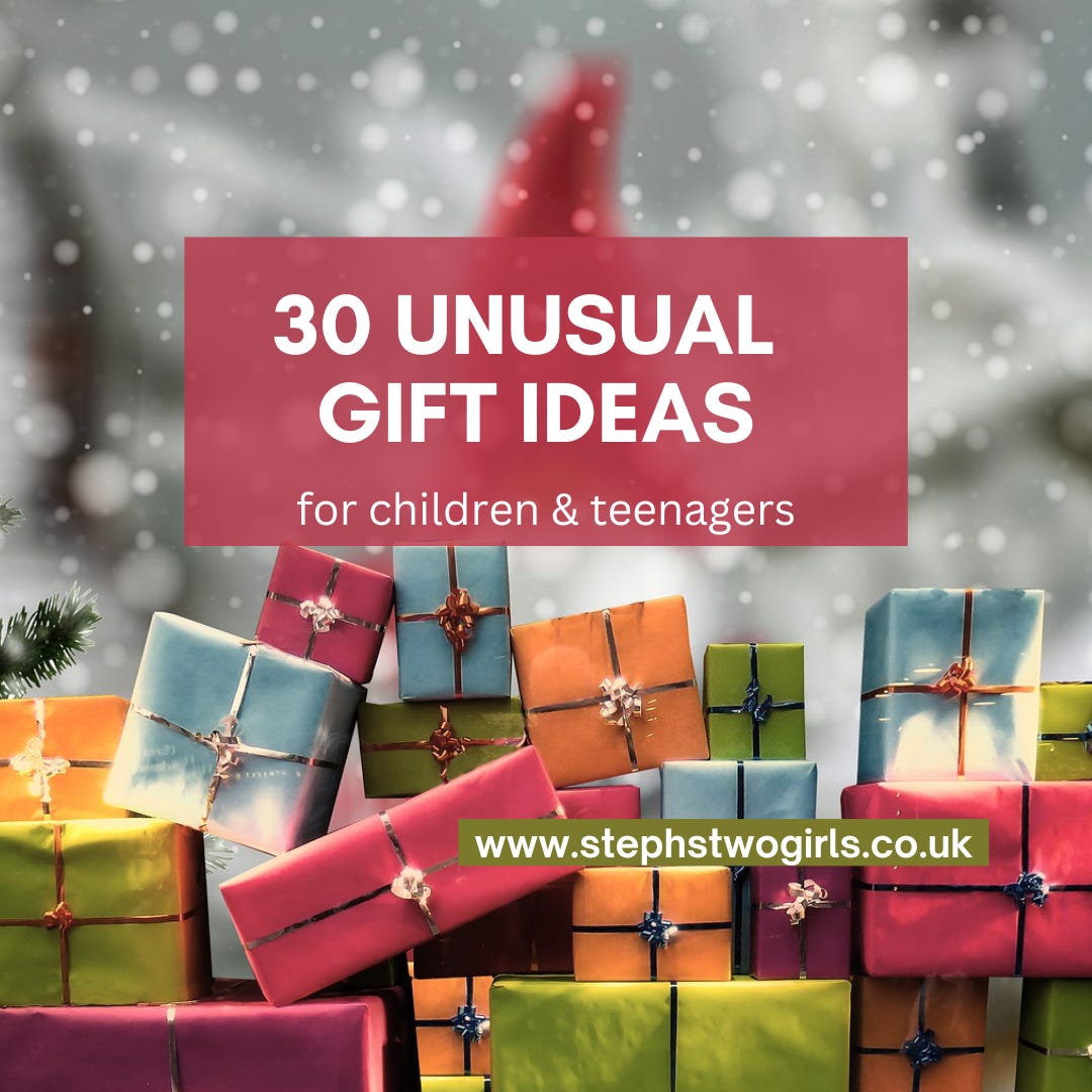 stack of brightly coloured wrapped presents with title of blog post overlaid