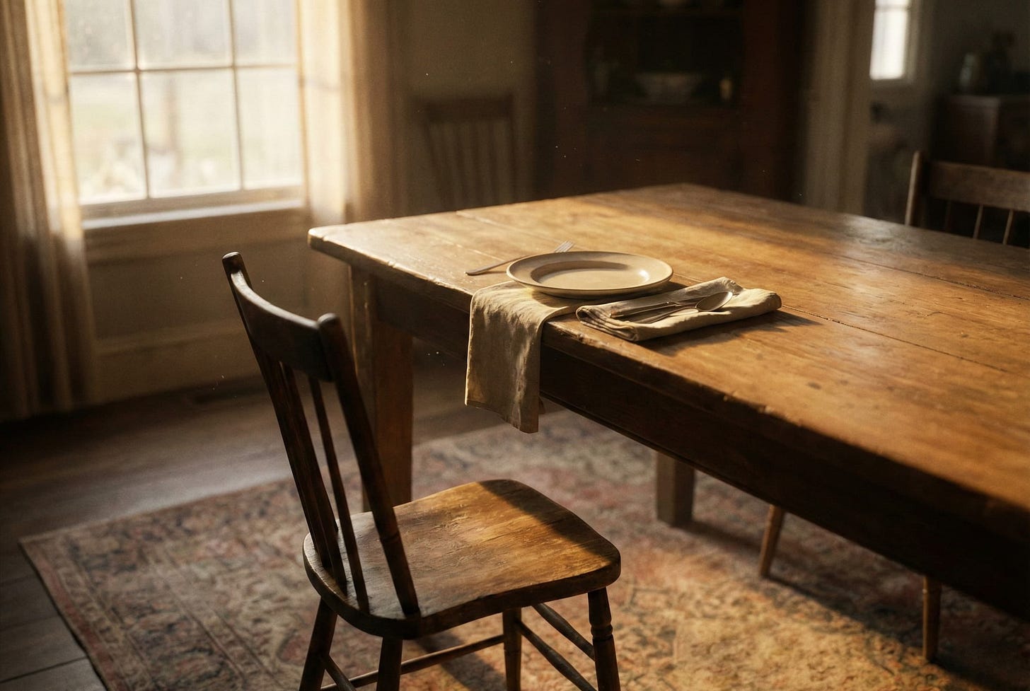 A dining room table in the late afternoon.