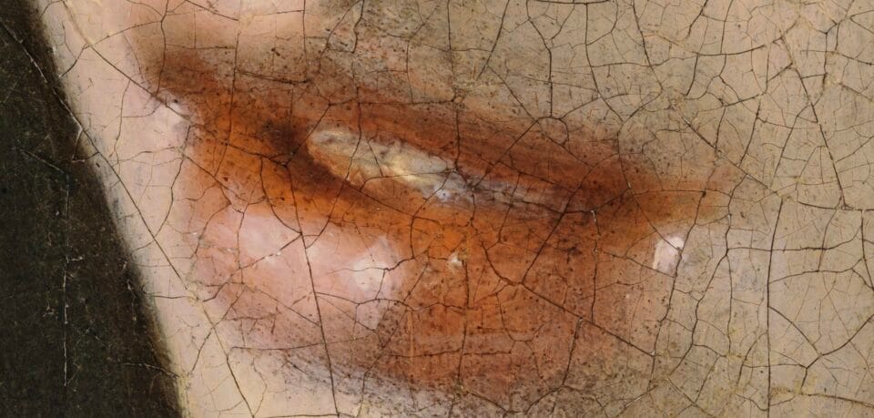 an extremely close-up detail of an oil painting of a woman's mouth