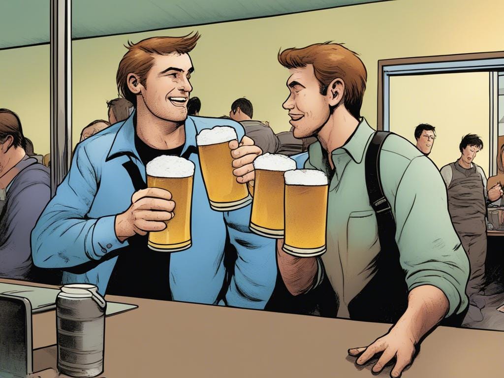    digital color comicbook style, modern american comic about 3. Finding a "Friend" at Work Image: Wayne and a co-worker clinking beer mugs, "Turns out, my new friend just wanted my ideas."
  }
]