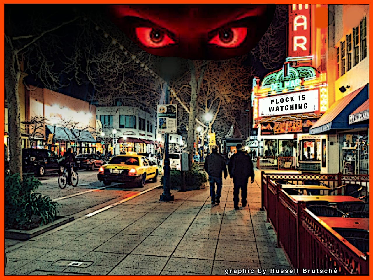 Photos of downtown Santa Cruz with large red eyes in the sky watching everyone.