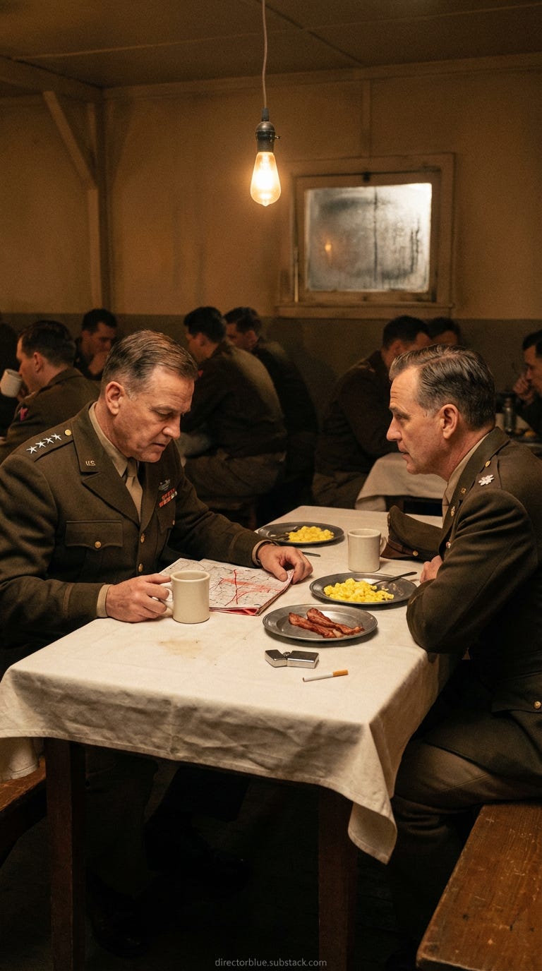 same subject next image please - IMAGE PROMPT FOR UNIVERSITY HISTORY CLASS REENACTMENT H201 Photorealistic 916 vertical frame professional full-frame camera 50mm lens at f20 tungsten-lit warm interior Pre-dawn officers mess in a converted Fr_image_1