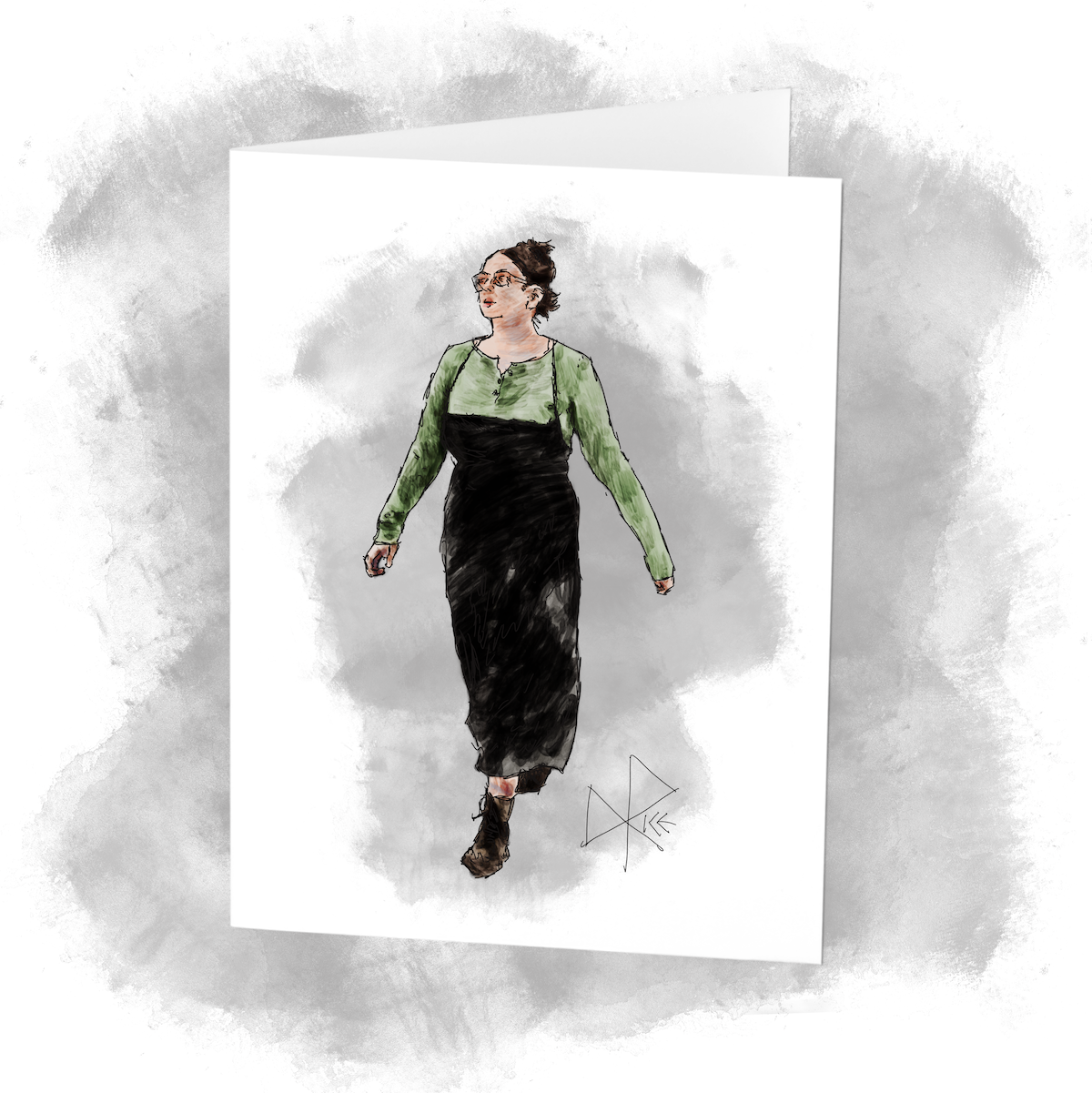 A woman working at a farmers market, walking briskly while wearing a long black apron. Sketch art by Don Rice. A woman working at a farmers market, walking briskly while wearing a long black apron. Sketch art by Don Rice.