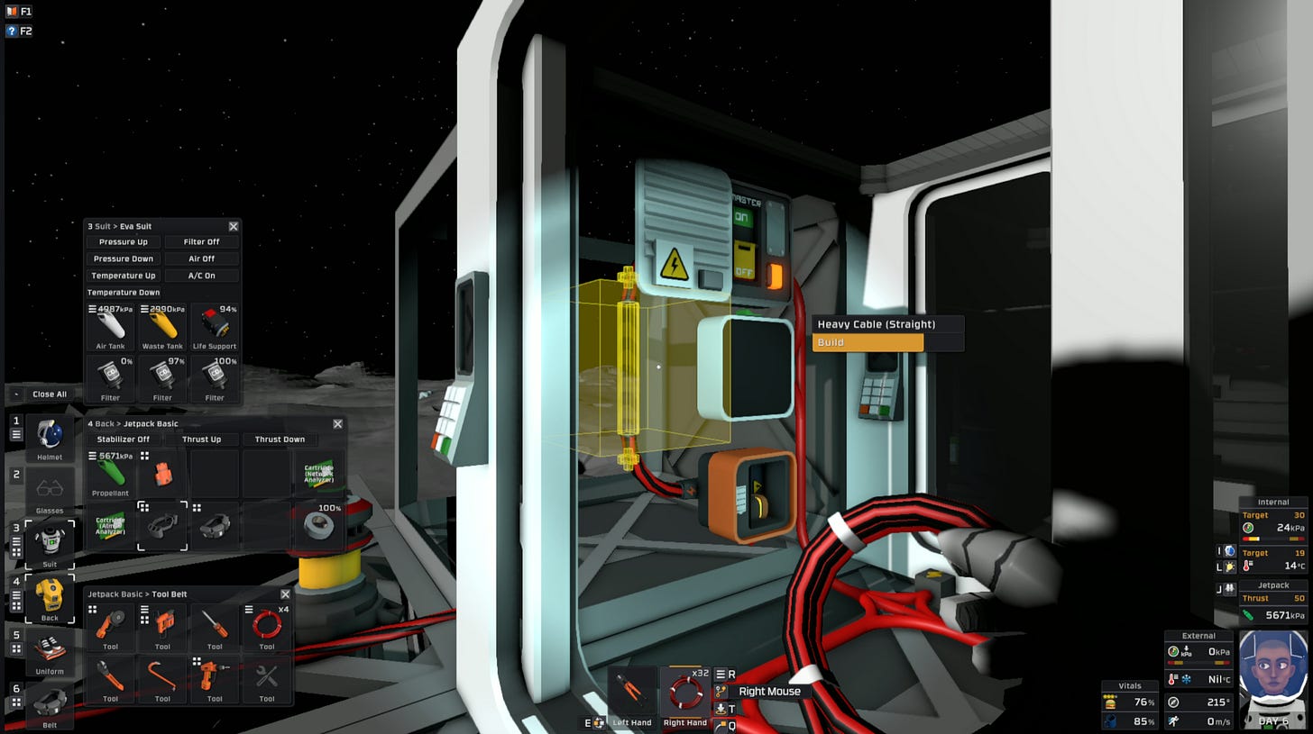 Power line rerouting from generator to station battery using heavy cable.