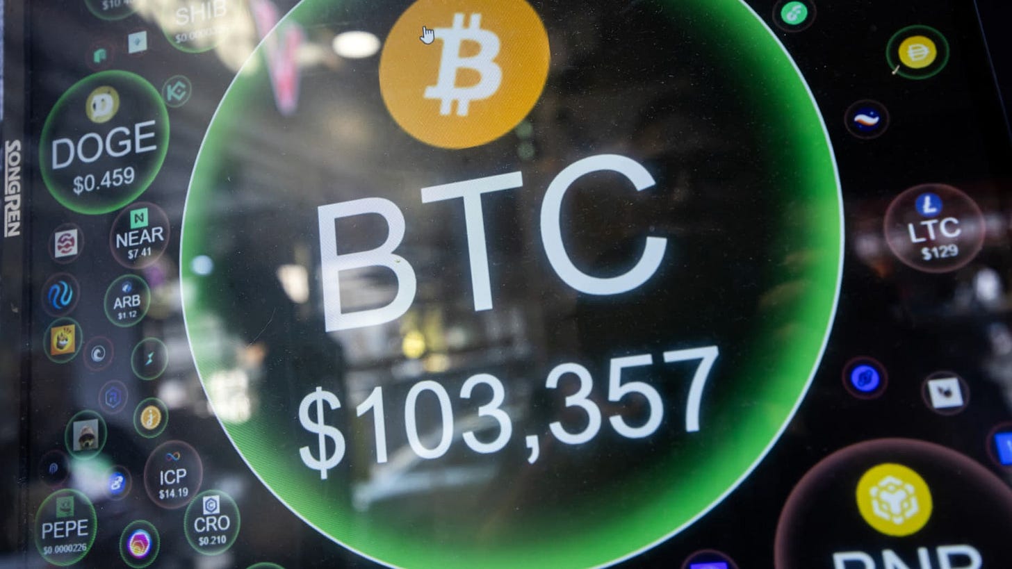 The price of Bitcoin against the US dollars, reaching over $100,000, on a screen at a cryptocurrency exchange store in Hong Kong, China, on Thursday, Dec. 5, 2024. President-elect Donald Trump's pick of a crypto proponent to be the next head of the US securities regulator lifted Bitcoin to $100,000 for the first time as traders warmed to the prospect of relaxed regulations. Photographer: Paul Yeung/Bloomberg via Getty Images The price of Bitcoin against the US dollars, reaching over $100,000, on a screen at a cryptocurrency exchange store in Hong Kong, China, on Thursday, Dec. 5, 2024. President-elect Donald Trump's pick of a crypto proponent to be the next head of the US securities regulator lifted Bitcoin to $100,000 for the first time as traders warmed to the prospect of relaxed regulations. Photographer: Paul Yeung/Bloomberg via Getty Images