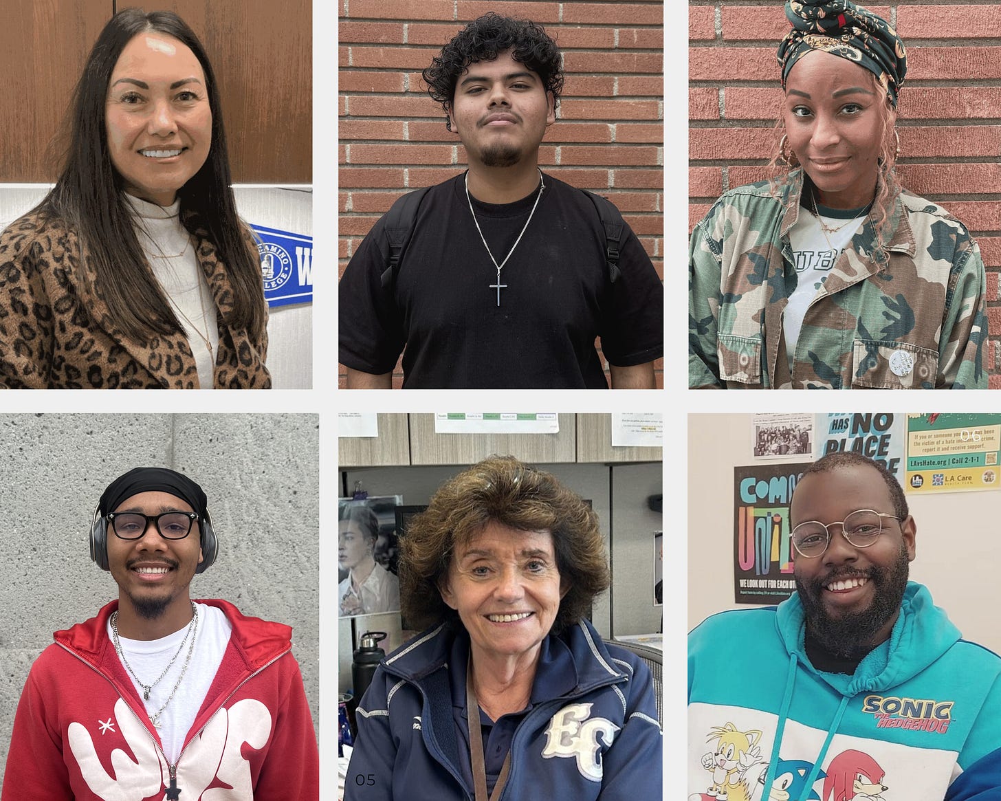 (Clockwise) Heidi Wang, El Camino College Foundation development officer; business major Omar Gonzalez, 18; political science major Azi Aishling, 41; photography major Caleb Smith, 20; Linda Olsen, Health Sciences and Athletics administrative assistant II; and Wiley Wilson, student services specialist for the Social Justice Center.