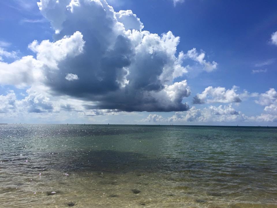 A view of the Florida Bay with shallow, calm water and huge towering clouds overhead