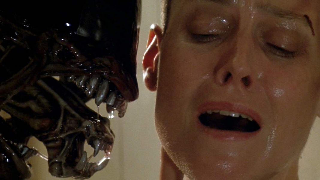 The xenomorph from Alien gets up close and personal with Ripley The xenomorph from Alien gets up close and personal with Ripley