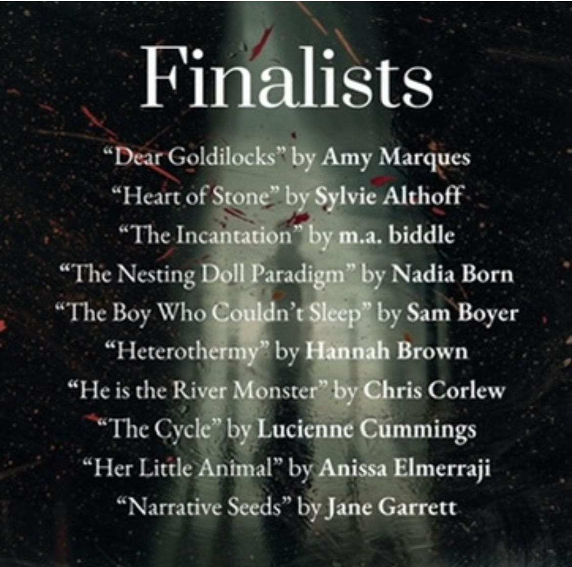 sheet announcing finalists for a writing prize