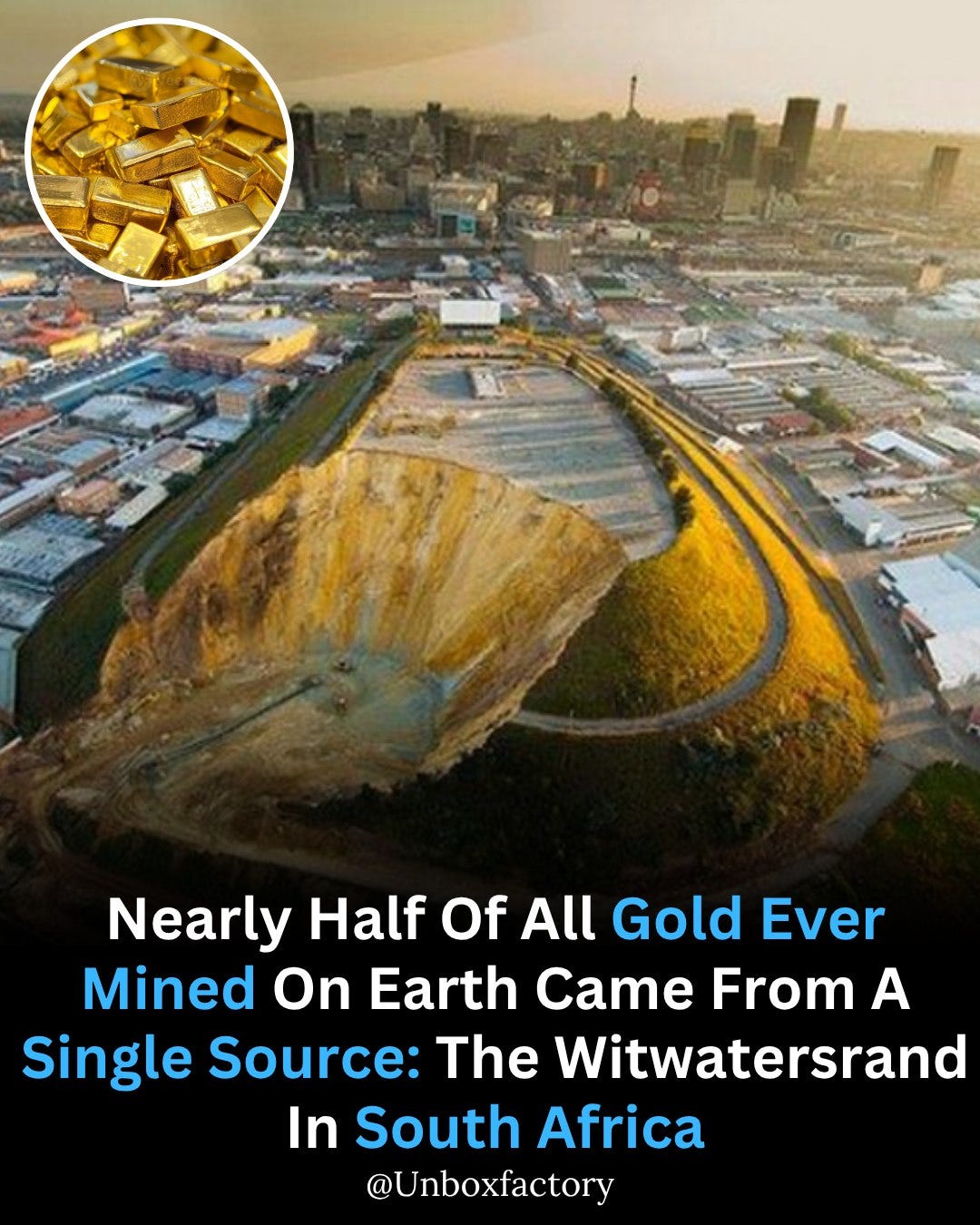 May be an image of text that says 'Nearly Half Of Gold Ever Gold Mined On Earth Came From A Single Source: The Witwatersrand In South Africa @Unboxfactory'