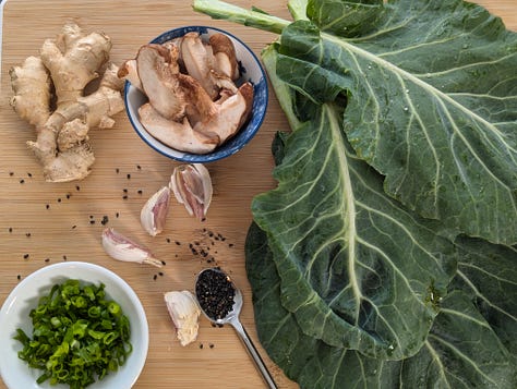 Gallery of three images showing the process of making collard greens gyoza: ingredients laid out on a board, dumplings being assembled, and the final cooked gyoza ready to serve.