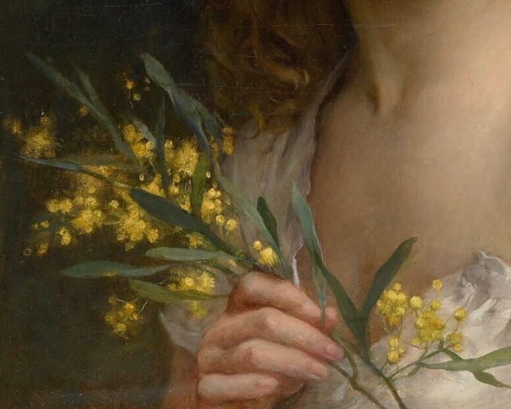 This may contain: a painting of a woman holding flowers in her hands This may contain: a painting of a woman holding flowers in her hands