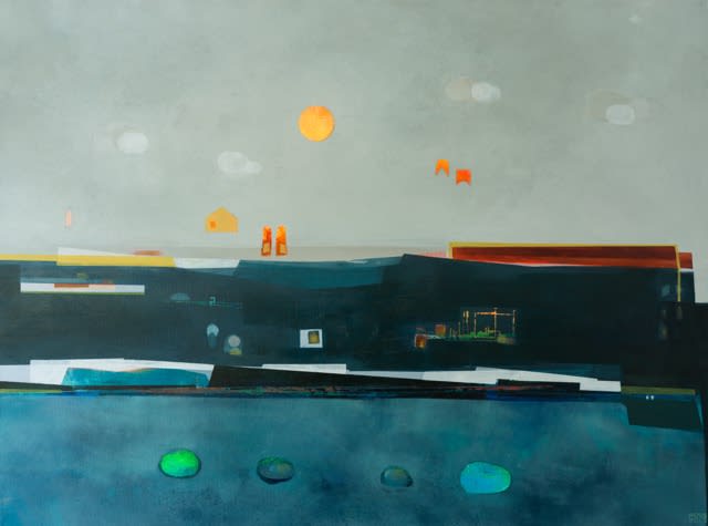 Acrylic painting by Ross Collado with dissolving edges and open voids; atmospheric field that reads as landscape and interior mood.