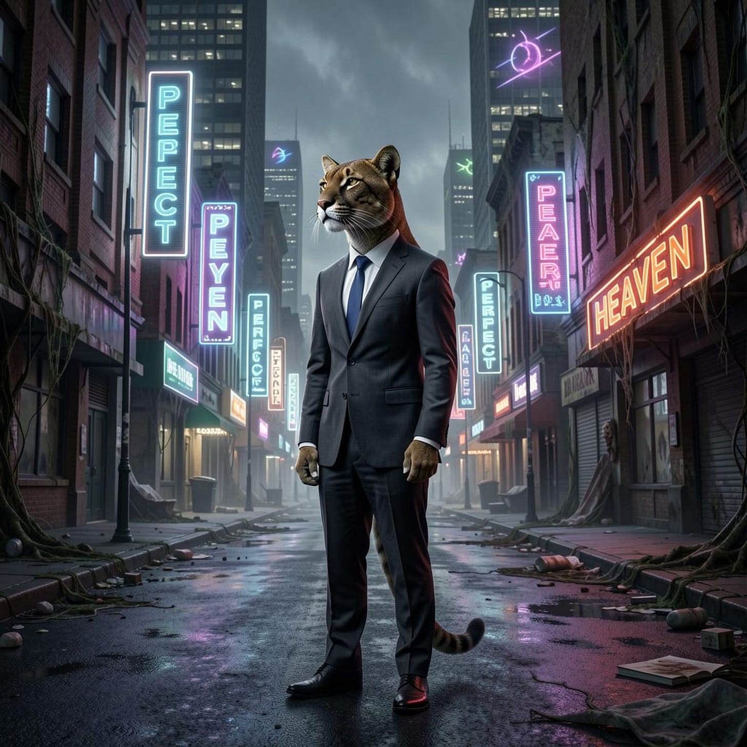 an anthropromorphic cougar in a suit looks down a city stree... an anthropromorphic cougar in a suit looks down a city stree...