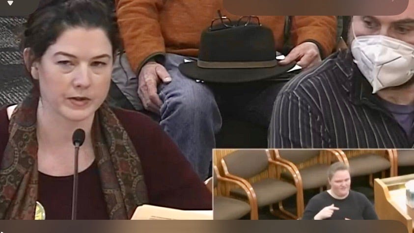 A woman with dark hair speaks in front of a microphone beside a man wearing an N95 mask. In the corner of the video is a sign language interpreter. A woman with dark hair speaks in front of a microphone beside a man wearing an N95 mask. In the corner of the video is a sign language interpreter.