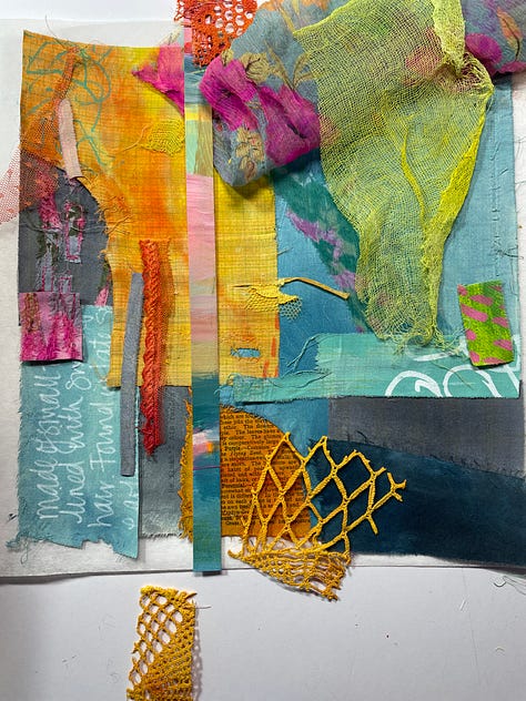 colourful fabric and fabric scraps with bundles of threads on top