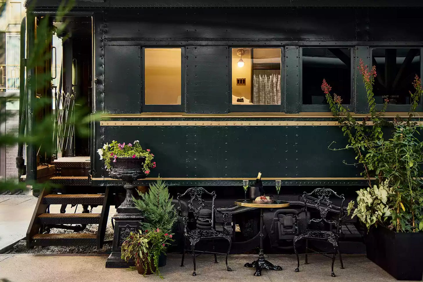 Exterior of a Restored Train Carriage Room at The Hotel Chalet 
