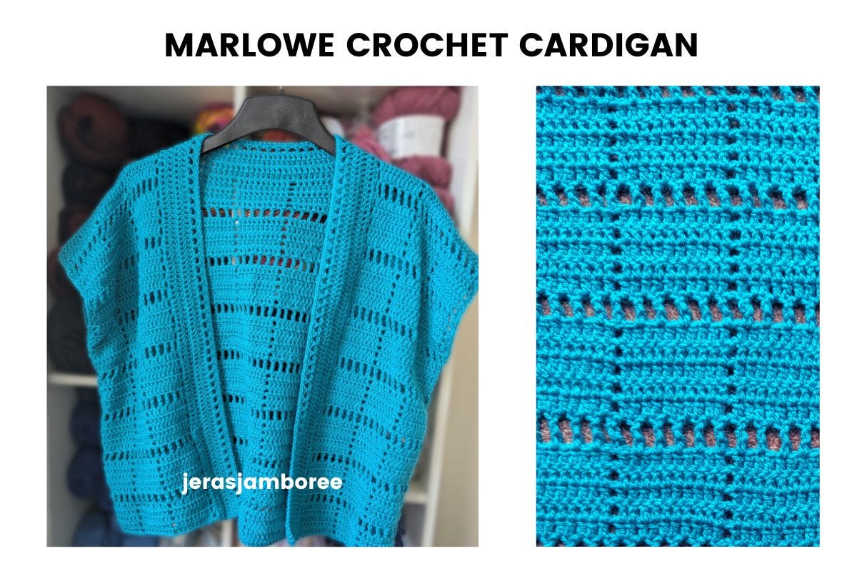 Turquoise Marlowe crochet short sleeve cardigan shown hanging on a black hanger beside a close-up of the filet squares stitch pattern. Text overlay reads “Marlowe Crochet Cardigan.” Turquoise Marlowe crochet short sleeve cardigan shown hanging on a black hanger beside a close-up of the filet squares stitch pattern. Text overlay reads “Marlowe Crochet Cardigan.”