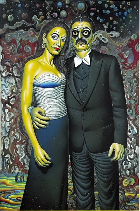 The image depicts a surrealistic painting of a couple dressed formally, with the woman in a strapless dress and the man in a suit. The background is abstract and colorful, filled with swirling patterns and shapes, giving it a dreamlike quality. The post text indicates that this image is being used in the context of a reply to a question about what message to give to a couple at a wedding, specifically referencing the Soros wedding. The sender, @GypsyPatriot_, uses the image to convey a negative sentiment, wishing for the couple's dreams to 'rot,' which adds a layer of political or personal animosity to the artwork's interpretation. The image depicts a surrealistic painting of a couple dressed formally, with the woman in a strapless dress and the man in a suit. The background is abstract and colorful, filled with swirling patterns and shapes, giving it a dreamlike quality. The post text indicates that this image is being used in the context of a reply to a question about what message to give to a couple at a wedding, specifically referencing the Soros wedding. The sender, @GypsyPatriot_, uses the image to convey a negative sentiment, wishing for the couple's dreams to 'rot,' which adds a layer of political or personal animosity to the artwork's interpretation.
