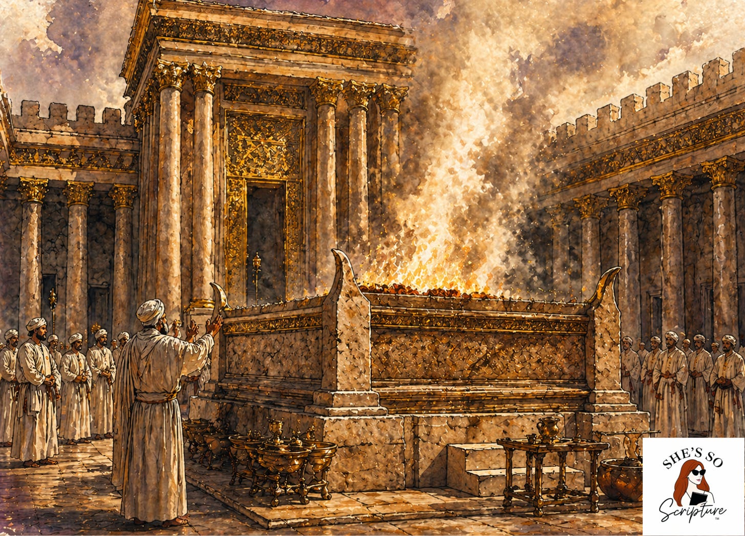 Priests alongside the altar in Solomon's Temple