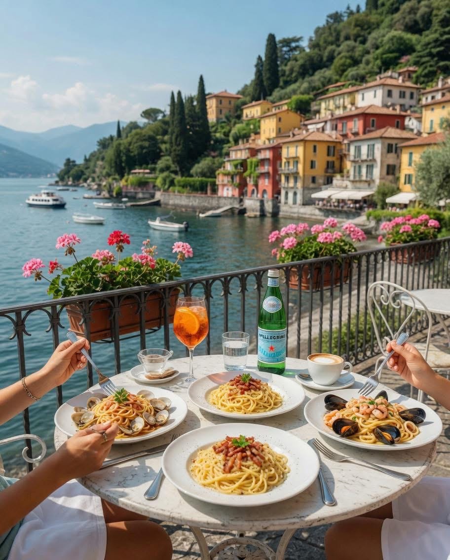 Luxury seaside lunch on the French Riviera with ocean view, Italian-style dishes, and coastal village scenery
