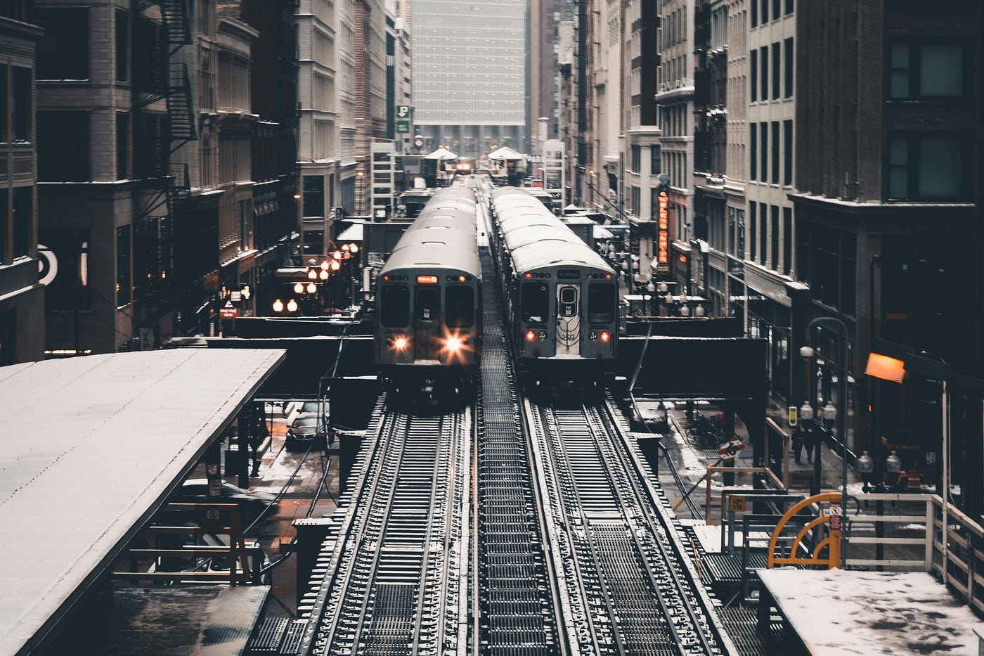 Old photo of two trains passing on the tracks